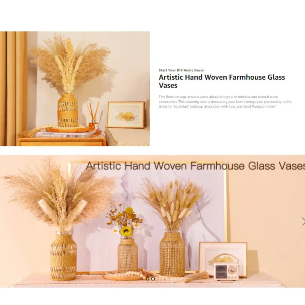 Rustic Farmhouse Vase - Hand Woven Rattan Glass Vase - Dried Pampas Flower Vase